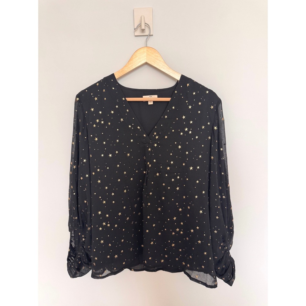ENTRO | Star Print Blouse Women Small Black Gold Metallic Celestial V-Neck Top